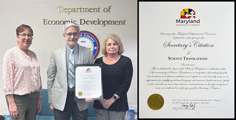 Maryland Secretary's Citation for 35 Years of Science Translations